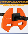 Wheel hub removal tool, orange puller with black threaded shaft and square mounting block; for 5–8 lug hubs (front view).
