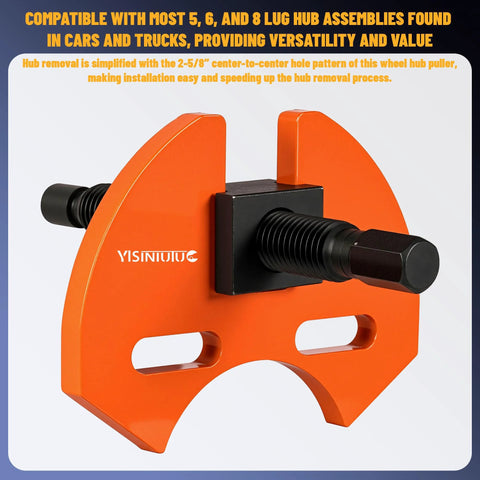 Wheel hub removal tool, orange puller with black threaded shaft and square mounting block; for 5–8 lug hubs (front view).