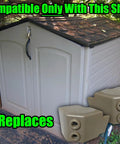 Heavy Duty Beefed Up Steel Core Hinge Pair For Rubbermaid 5X6.5 Slide Lid Resin Outdoor Shed Door Replacement Replaces 3T16 3T17 Left And Right, shown beside shed.