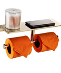Double Roll Toilet Paper Holder With Shelf In Solid Brass And Polished Gold Finish, Hotel Style Tissue Dispenser Built For Real Bathrooms
