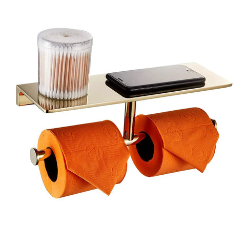 Double Roll Toilet Paper Holder With Shelf In Solid Brass And Polished Gold Finish, Hotel Style Tissue Dispenser Built For Real Bathrooms