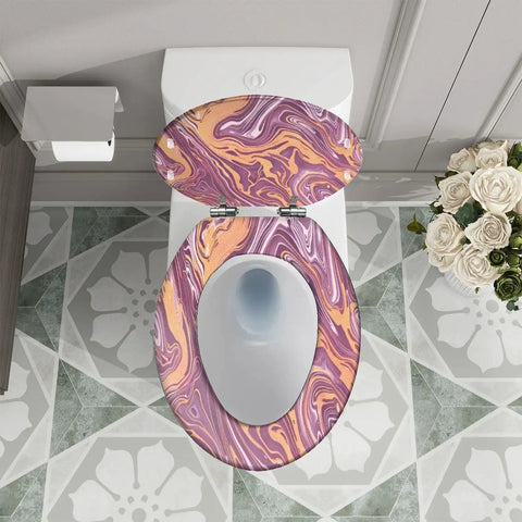 Slow Close Elongated Toilet Seat for Bathroom with a colorful marble design, installed on a toilet in a modern bathroom.