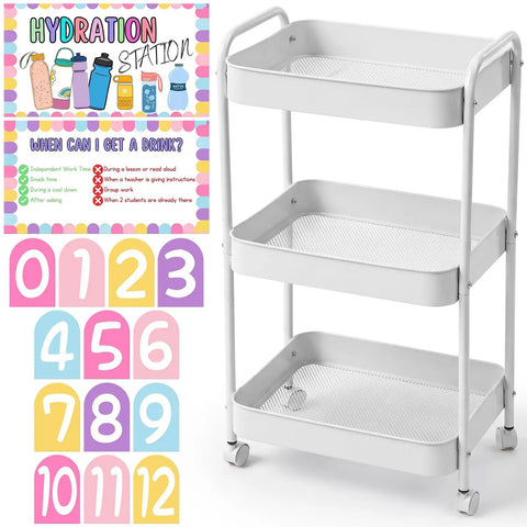 3-Tier Plastic Rolling Water Bottle Organizer with Sign Sticker Set for Classrooms and Offices