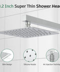 Shower Faucet Set With Valve And 8 Inch Square Shower Head Single Handle Trim Kit With Extra Long 16 Inch Shower Arm Polished Chrome Easy Installation showing shower head with slim design and silicone nozzles.