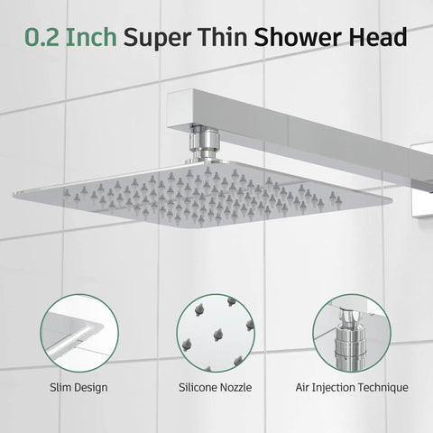 Shower Faucet Set With Valve And 8 Inch Square Shower Head Single Handle Trim Kit With Extra Long 16 Inch Shower Arm Polished Chrome Easy Installation showing shower head with slim design and silicone nozzles.