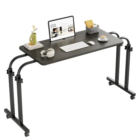 Super Adjustable Mobile Recliner Desk With Smooth Cruising Wheels Hella Flexible Overbed Table For Laptop Working, black metal legs and wooden top.