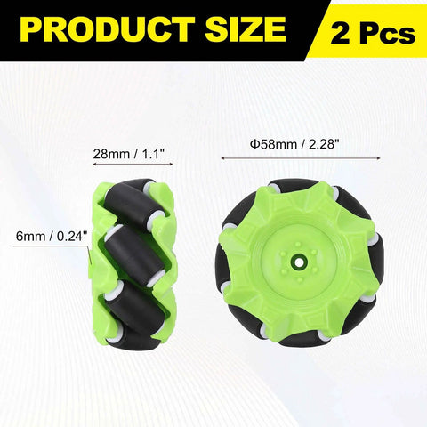 Omnidirectional Mecanum Wheel Set For DIY Smart Robot Cars And Maker Projects 58mm And 2.28 Inch Diameter ABS Rubber Wheels Green For Dope Multi Directional Movement And Easy Mounting image showing dimensions and design of green rubber wheels with ABS core, front and side view displayed.