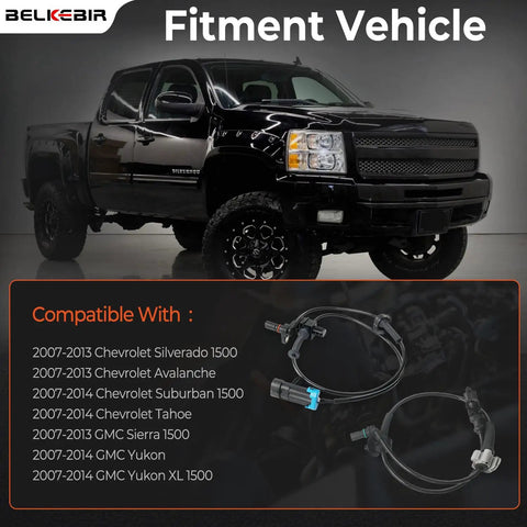 Premium Abs Wheel Speed Sensors 4 Piece Set Front And Rear Compatible With 2007 To 2014 Chevy Silverado Tahoe Suburban Gmc Sierra Yukon Xl Escalade installed on a black truck.