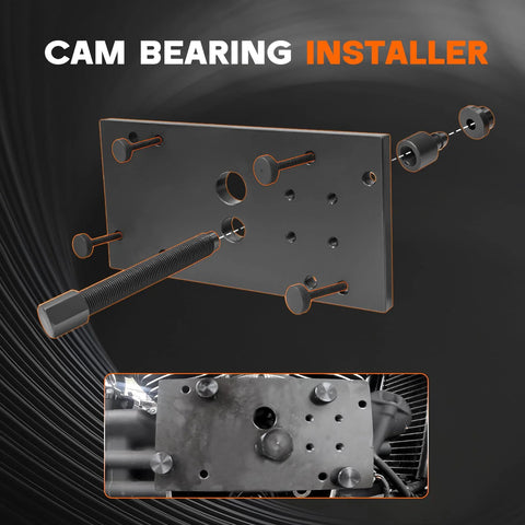 Front view of Harley M8 cam bearing installer tool with mounting plate and bolts; inset shows installed on engine.