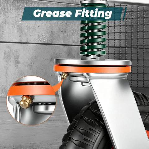 Grease fitting detail of Built Tough Eight Inch Heavy Duty Fence Gate Wheels with premium spring-loaded rollers.