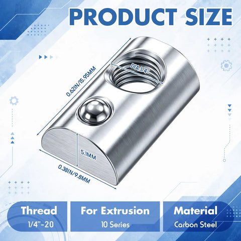 Heavy Duty 30 Pack 1/4 20 T Slot Nuts For Aluminum Extrusion Carbon Steel spring ball sliding T nuts dimensions and details.