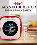 Must-Have Plug-In 4-In-1 Carbon Monoxide And Combustible Gas Detector on counter, displaying temp and humidity for home safety