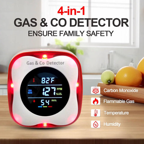 Must-Have Plug-In 4-In-1 Carbon Monoxide And Combustible Gas Detector on counter, displaying temp and humidity for home safety