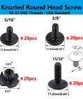 Built Different Eighty Piece Gun Holster Screw And Tri Prong T Nut Kit With 8-32 Threads shown with 4 sizes of knurled round head screws.
