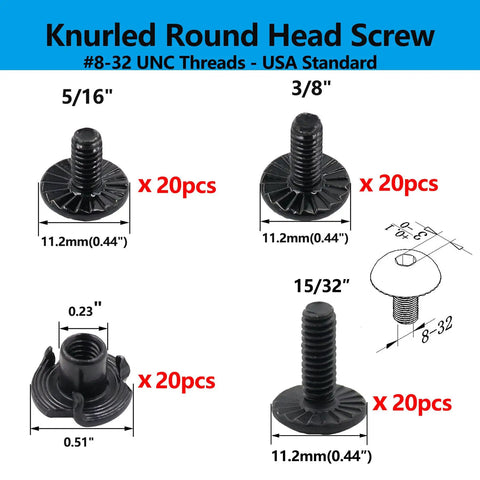 Built Different Eighty Piece Gun Holster Screw And Tri Prong T Nut Kit With 8-32 Threads shown with 4 sizes of knurled round head screws.