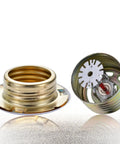 Concealed Ceiling Fire Sprinkler Heads 4 Pack With Matching Cover Plates For No Sweat Setup Heavy Duty Heat Sensing Automatic Suppression Strong Shield For Commercial Buildings, showing brass internals and glass bulb.
