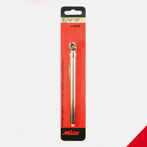 Front view of Milton S-925 pencil tire pressure gauge in red packaging.