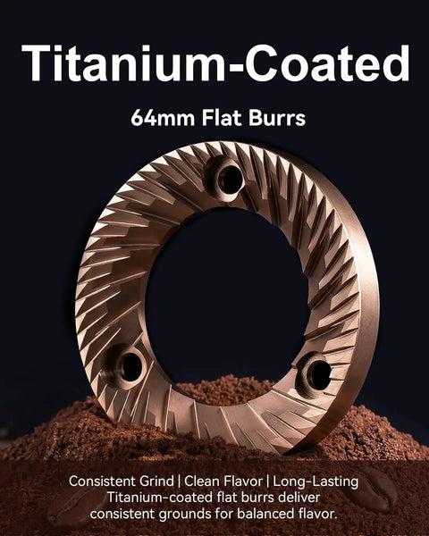 Premium 64Mm Titanium Flat Burr Coffee Grinder With 100 Precision Settings solid titanium-coated 64mm flat burr against coffee grounds.