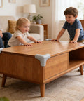 Children playing safely around a wooden table with Self Adhesive Corner Guards 1.8 Inch Rose Gold Plastic Corner Protectors.