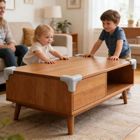 Children playing safely around a wooden table with Self Adhesive Corner Guards 1.8 Inch Rose Gold Plastic Corner Protectors.