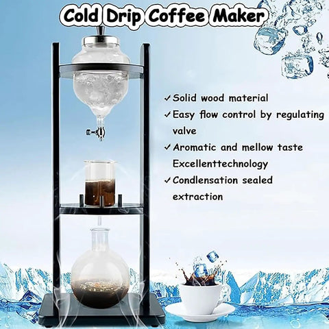 Chill Out Daily With This Sleek Cold Brew Drip Tower Ice Coffee Maker Featuring Smooth Slow Drip Tech And A Killer Thirty Five Ounce Batch Capacity. Cold drip coffee maker in black wood with glass components and a flow valve.