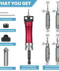Pro Grade 10 In 1 Countersink Drill Bit Set With Depth Stop And Chamfer Tool, One Quarter Inch Hex Shank, includes components and accessories.