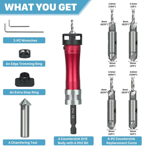 Pro Grade 10 In 1 Countersink Drill Bit Set With Depth Stop And Chamfer Tool, One Quarter Inch Hex Shank, includes components and accessories.