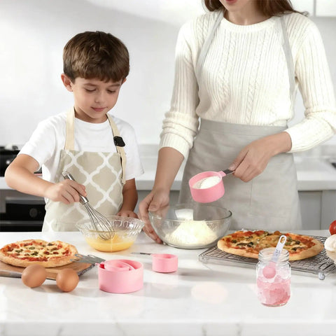 Adult and child cooking with pink Stackable Measuring Cups And Spoons Set 10 Piece With Stainless Steel Handles in kitchen.
