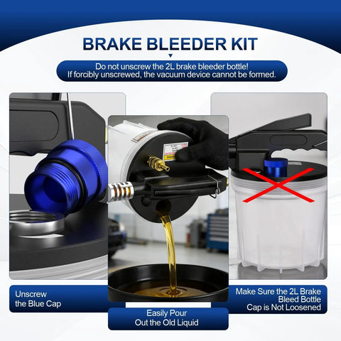 One Person Operation Pneumatic Brake Bleeder Kit With Vacuum Assist For Brake And Clutch Lines Includes 1L Refilling Bottle And 16 Adapters For Automotive Brake Systems instruction steps.