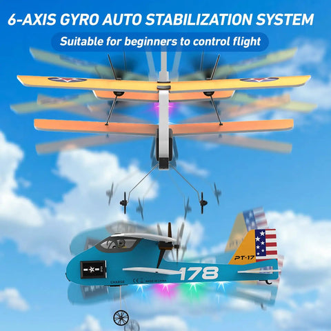 Beginner Friendly RC Plane With 6 Axis Gyro Stabilizer And 2 4Ghz Remote, Includes 3 Batteries, 2 Channel RTF PT17 Toy Airplane, Yellow
