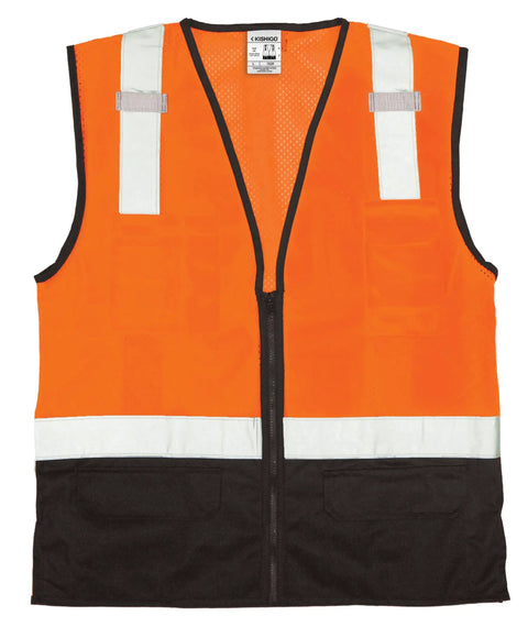 Men's High Visibility Reflective Safety Vest With Black Bottom Mesh, Ansi 107 Type R Class 2 Cert, Zipper Front, Orange Roadwork And Utility Gear, solid mesh build with zipper and pockets.