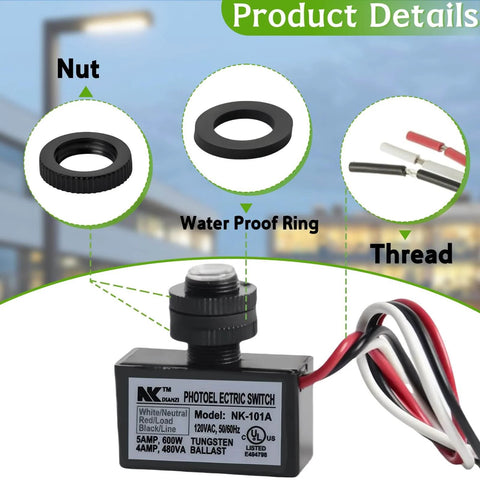 2 Pack AC Photocell Light Sensors with wiring, waterproof ring, and nut for outdoor lighting auto dusk to dawn switches.