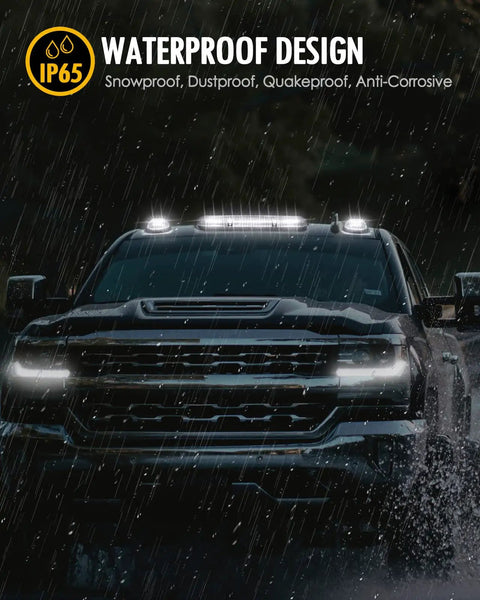 Front view of truck in rain with Three Piece Smoke Lens 30 LED Cab Marker Lights Kit With Wire Pack For Silverado Sierra Trucks 2002-2007