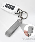 Premium Genuine Leather Car Keychain Featuring Slick Carbon Fiber Wrap And Anti Lost D Ring Built On Solid Zinc Alloy Base With Dual Split Rings For Everyday Ride Gear In Sharp Grey Finish, close-up view showcasing the key fob and leather strap.