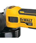 Close-up of Powerhouse 20V Max XR Cordless Angle Grinder With Kickback Brake And Slide Switch, yellow hand grip.