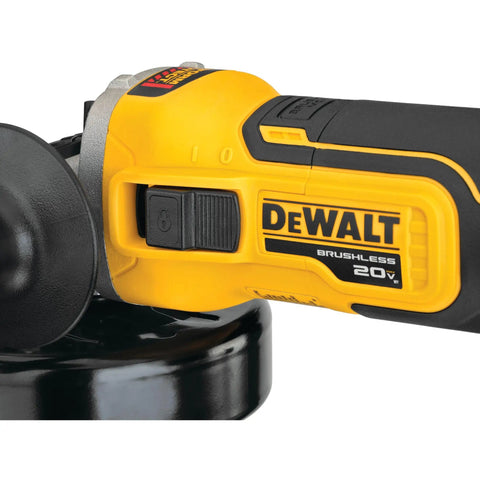 Close-up of Powerhouse 20V Max XR Cordless Angle Grinder With Kickback Brake And Slide Switch, yellow hand grip.