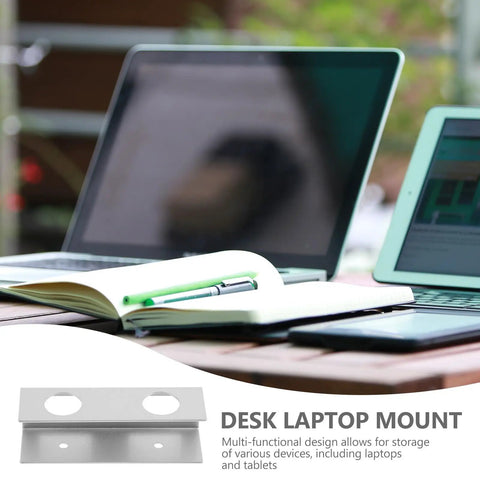 Heavy Duty Aluminum Under Desk Laptop Mount Bracket on desk next to laptops, highlighting its sleek silver design and multifunctional use.