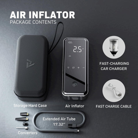 Go To Portable Tire Inflator Cordless Air Compressor with accessories including case, car charger, cable, tube, and converters.