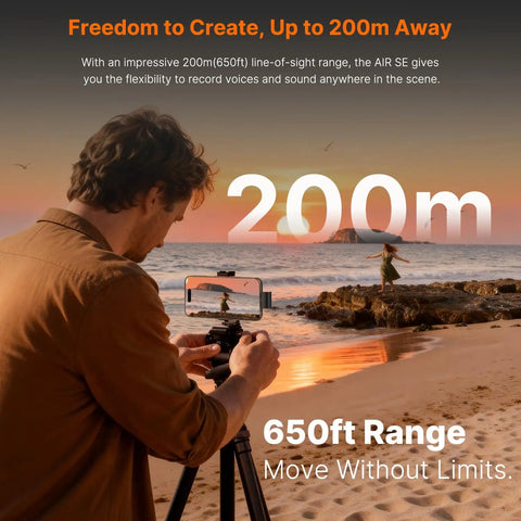 Man using Air SE Wireless Mini Mic for iPhone and Android filming at sunset by the beach with 200m range.