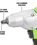 Close-up of Beast Half Inch Corded 120 Volt Impact Wrench showing cast aluminum gear head with labels for parts.