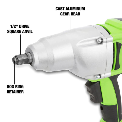 Close-up of Beast Half Inch Corded 120 Volt Impact Wrench showing cast aluminum gear head with labels for parts.