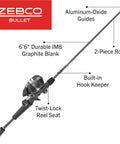 Bullet Spincast Reel And Fishing Rod Combo With 6 Foot 6 Inch IM8 Graphite Rod And MaxTac Grip, 2 Piece Black Finish.