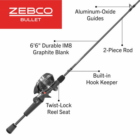 Bullet Spincast Reel And Fishing Rod Combo With 6 Foot 6 Inch IM8 Graphite Rod And MaxTac Grip, 2 Piece Black Finish.