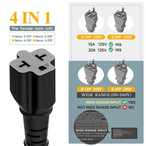 Beefy 15A To 20A Power Adapter Cable NEMA 5-15P To 5-15R 5-20R 6-15R 6-20R 4 In 1 12 AWG 1 Foot Black Cable For Home Use And Portable EV Chargers No Transformer Inside, 4 in 1 diagram, adapter close-up, power compatibility chart