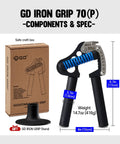 Adjustable Hand Grip Strengthener With 44 To 154 Lbs Resistance, shown with GD Iron Grip box and measurements