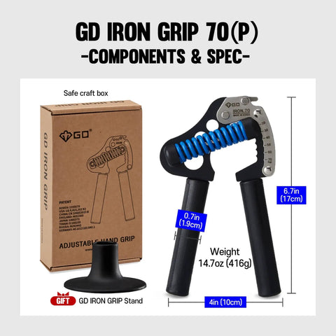 Adjustable Hand Grip Strengthener With 44 To 154 Lbs Resistance, shown with GD Iron Grip box and measurements