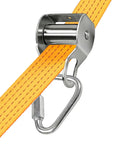Close-up of an Outdoor Zip Line Conversion Kit With Smooth Glide Pulley System in durable metal and yellow strap.