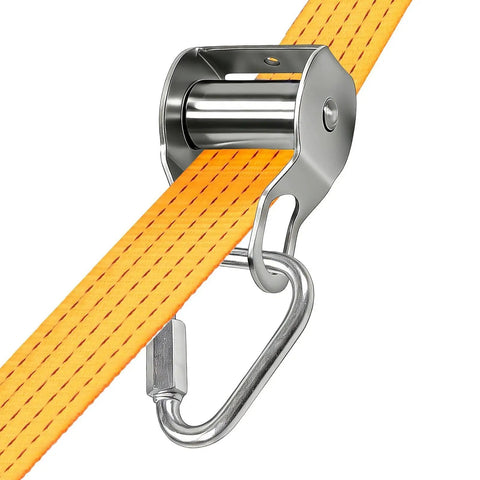 Close-up of an Outdoor Zip Line Conversion Kit With Smooth Glide Pulley System in durable metal and yellow strap.