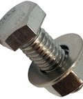 Close-up of 1/4-20 stainless steel hex bolt with washer and nut (304 grade)