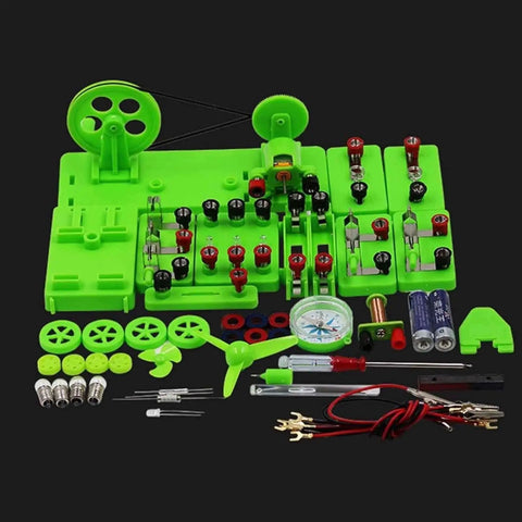 Kids Electrical Science Kit For Simple Traffic Light Electromagnet Experiments, featuring green components and tools on display.